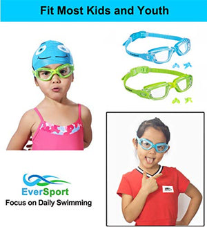 EVERSPORT Kids Swim Goggles 2 Pack, LightBlue & Green, Swimming Goggles for Teenagers, Anti-Fog Anti-UV Youth Swimming Glasses, Leakproof, Free Ear Plugs, one Button Open Straps, for 4-15 Y/O