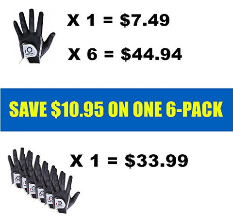 Image of FINGER TEN Men Golf Glove Rain Grip Left Hand Right Value 6 Pack, Fit Hot Wet Weather, Size Small Medium Large XL (25=M/Large Black Right)