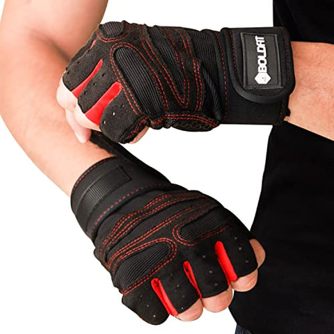 Image of Boldfit Gym Gloves for Men with Wrist Support Accessories Gym Gloves for Women for Weightlifting Gloves for Gym Workout for Training, Exercise, Cycling Gloves for Women Sports Gloves- Red - Large