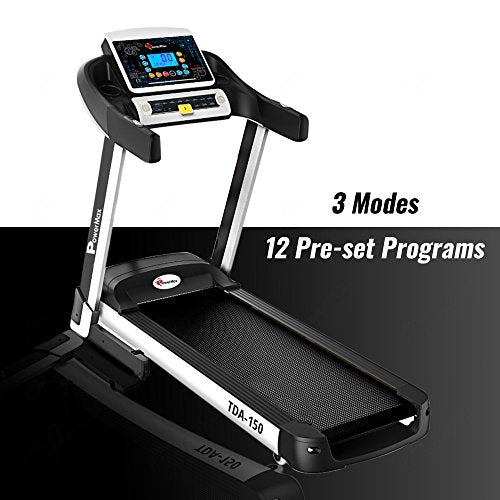 PowerMax Fitness Peak Motorized Smart Run Function Foldable Auto Lubrication Spring Resistance Virtual Assistance Electric Treadmill , TDA-150 Series 5.0HP (Black and White)