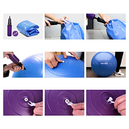 PROIRON Printed Yoga Ball-55cm Blue Exercise Ball with Postures Shown on The Yoga Ball, Pregnancy Ball, Anti-Burst Gym Ball, Swiss Ball with Pump, Birthing Ball for Yoga, Pilates, Fitness, Labour