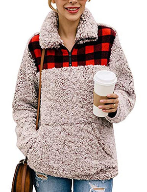 MIROL Women's Long Sleeve 1/4 Zipper Pullover Sherpa Fleece Winter Oversized Outwear Sweatshirt Coat with Pockets (S, Plaid Brown)