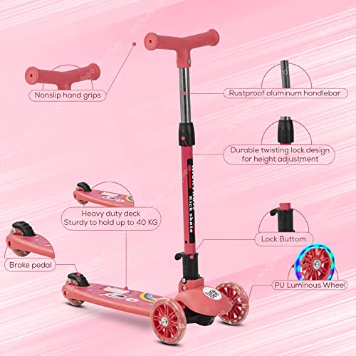 Funbee Phoenix Skate Scooter for Kids, 3 Wheel Kids Scooter with Foldable & Three Height Adjustable Handle, 3 Flashing LED PU Wheels | Kick Skating Scooter for Kids 3 to 6 Years Boys Girls (Dark Pink)