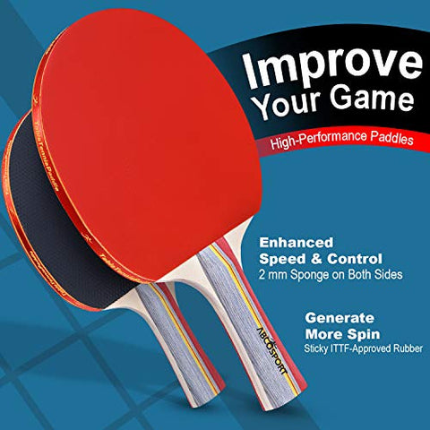 Image of Abco Tech Ping Pong Paddle & Table Tennis Set - Pack of 4 Premium Rackets and 6 Table Tennis Balls - Soft Sponge Rubber - Ideal for Professional and Recreational Games - 2 or 4 Players (3-Star)