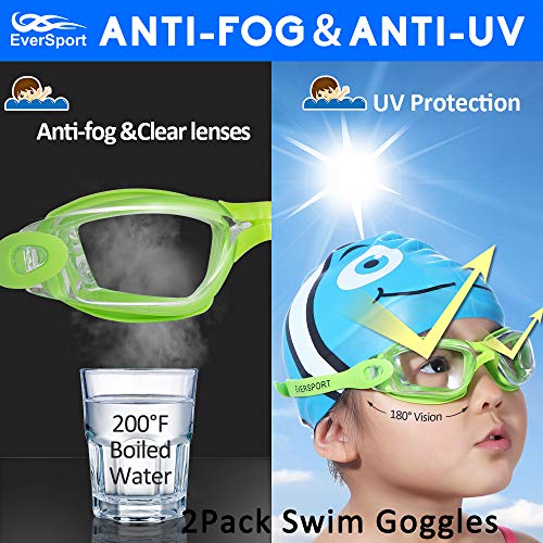 eversport goggles EVERSPORT Kids Swim Goggles 2 Pack, LightBlue & Green, Swimming Goggles for Teenagers, Anti-Fog Anti-UV Youth Swimming Glasses, Leakproof, Free Ear Plugs, one Button Open Straps, for 4-15 Y/O