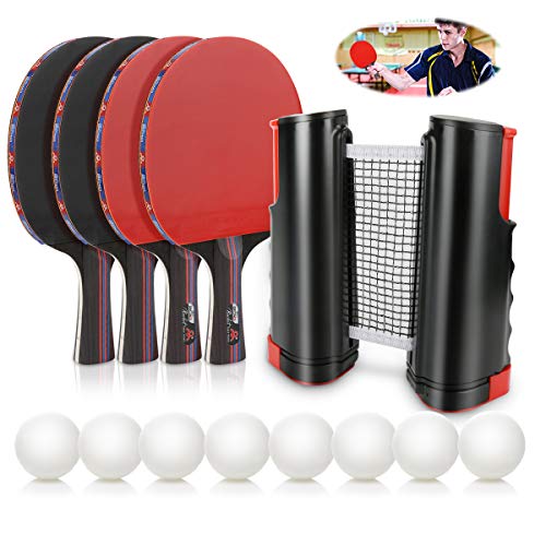 Number-one Ping Pong Paddle Set, Portable Ping-Pong Game with 4 Table Tennis Rackets and 8 Ping-Pong Balls, 1 Retractable Table Tennis Net for Kids Adults Indoor Outdoor Activities