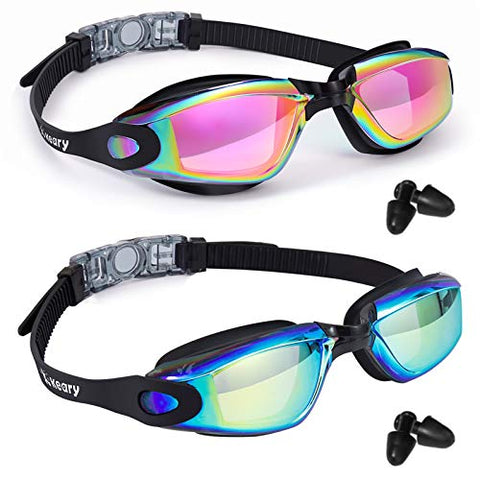 Image of Keary Swim Goggles Pack of 2 Anti-Fog Swimming Goggles for Adults Women Men Youth Junior, No Leaking UV Protection Waterproof Mirrored Lens Triathlon Pool Goggles with 3 Size Nose Pieces & Earplugs