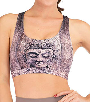 Chisportate Women's Strappy Sports Bra Removable Padded Bra Comfort Yoga Bra Tops Activewear for Workout Running Fitness, Buddha Vintage, Large