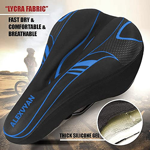 Image of AlexVyan Soft Bicycle Silicone Gel Saddle Cover ( 11*7.5 Inch) Cycling Cushion Pad City Cycle Seat Cover Gym Cycle Gel Cover -Fits Narrow/Slim Seats (Black and Blue)