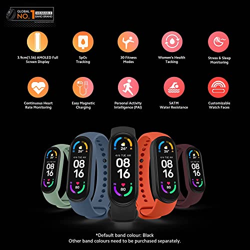 Xiaomi Mi Smart Band 6, 50% Larger 1.56" AMOLED Screen, SpO2 Tracking, Continuous HR, Stress and Sleep Monitoring, 30 Sports Modes, PAI, Women's Health, Quick Replies, 5ATM Water Resistant, Black