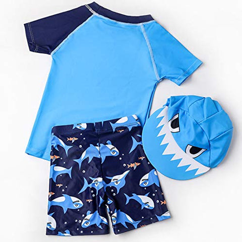 Image of Baby Toddler Boys Two Pieces Swimsuit Set Shark Bathing Suit Rash Guards Swimwear with Hat UPF 50+ (3D Blue Shark, 6Years)