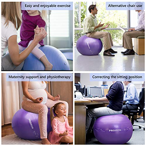 PROIRON Printed Yoga Ball-65cm Purple Exercise Ball with Postures Shown on The Yoga Ball, Pregnancy Ball, Anti-Burst Gym Ball, Swiss Ball with Pump, Birthing Ball for Yoga, Pilates, Fitness, Labour