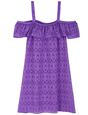 Hilor Girl's Cover-ups Swimwear Off Shoulder Swimdress Ruffled Beach Dress Kids Cover Up Purple 6-7 Yrs