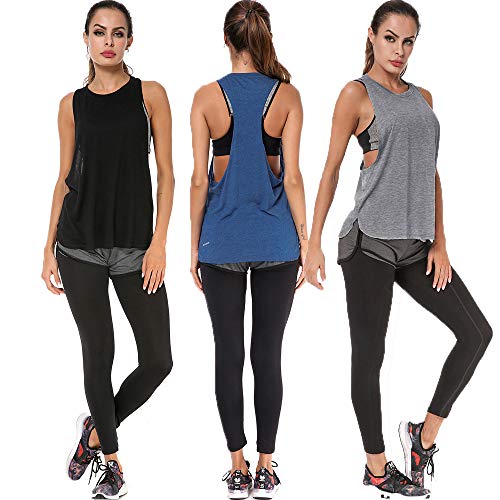 LIERKISS Athletic Women Tank Tops Loose Fit Activewear Workout Clothes Sports Racer Back Cotton Shirts（Small,Black+Gray+Blue）