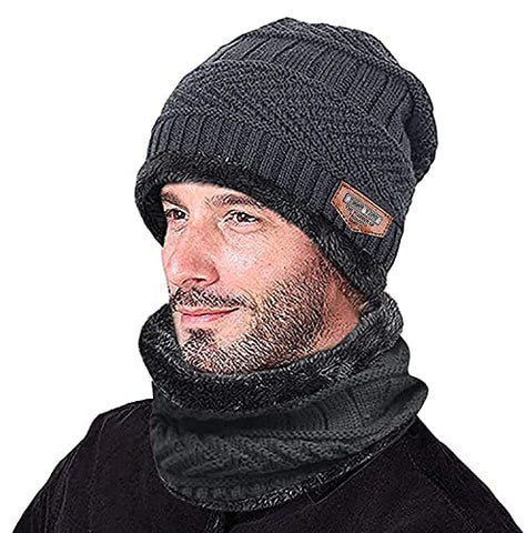 Image of FETE PROPZ Unisex Woolen Beanie Cap Plus Muffler Scarf Set for Men Women Girl Boy - Warm, Snow Proof (Color May Vary)