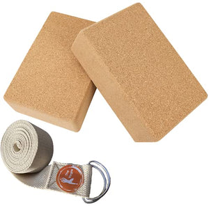 The Yogis™ Cork Yoga Block [[ Set of -2]] Free Yoga Belt 9" x 5" x 3"