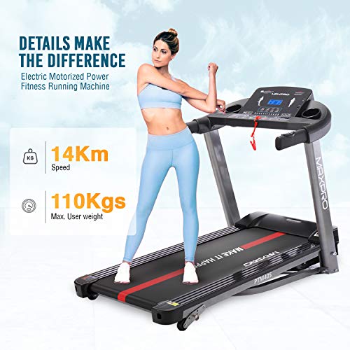 WELCARE MAXPRO PTM405 2HP(4 HP Peak) Folding Treadmill, Electric Motorized Power Fitness Running Machine with LCD Display and Mobile Phone Holder Perfect for Home Use - Grey