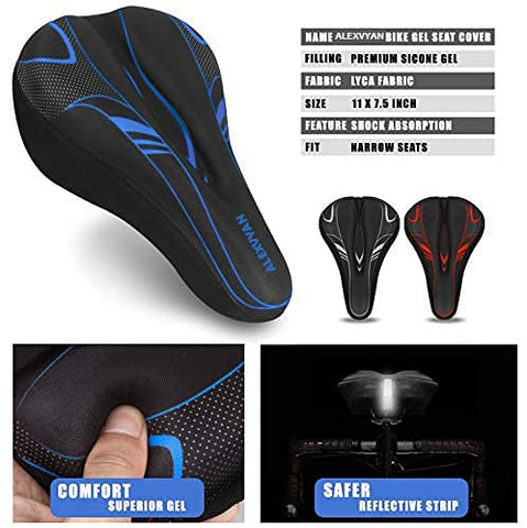 Image of AlexVyan Soft Bicycle Silicone Gel Saddle Cover ( 11*7.5 Inch) Cycling Cushion Pad City Cycle Seat Cover Gym Cycle Gel Cover -Fits Narrow/Slim Seats (Black and Blue)