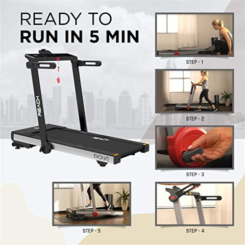 Image of Reach Evolve 6 HP Peak | For Running Walking & Jogging with Auto Incline | 90 Degree Foldable Treadmill for Home Gym | Fitness Machine with LCD Display & Bluetooth | 15 Preset Workouts for Cardio | 16 km/hr Max User Weight 110 kgs