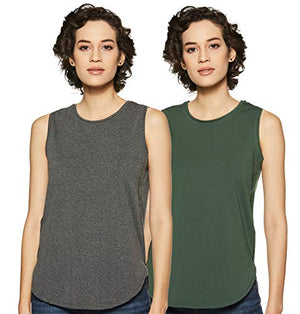 Amazon Brand - Symbol Women's Solid Regular Fit Sleeveless T-Shirt (SYMSS19TS009_Charcoal Mel & Olive_Medium) (Combo Pack of 2)