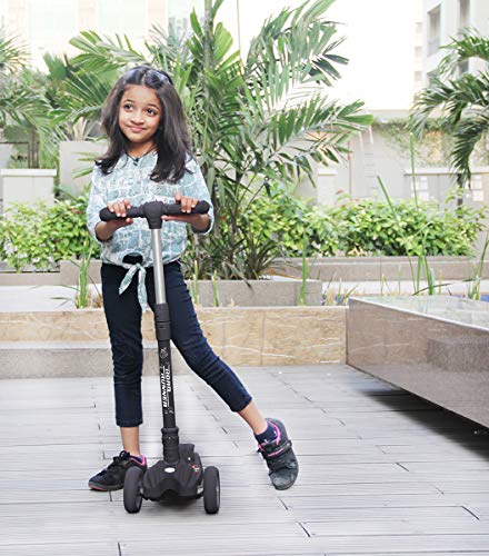 R for Rabbit Road Runner Kick Scooter for Kids of Above 3 Years, Skating Scooter for Boys, Girls, Scratch Free LED PU Wheels, 4-Level Adjustable Handlebar & Foldable Design & Wide Standing Board, Weight Capacity 75Kgs ( Black)