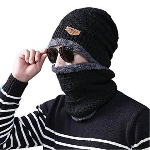 Image of VT VIRTUE TRADERS Ultra Soft Unisex Woolen Beanie Cap Plus Muffler Scarf Set for Men Women Girl Boy - Warm, Snow Proof - 20 Degree Temperature (Black)