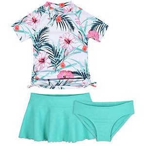 Cadocado 3 Piece Little Girl‚„s Swimsuit Set Rash Guard Short Sleeve Breathable Girls Swim Skirt Flounce Beachwear,Green Floral,7 Years