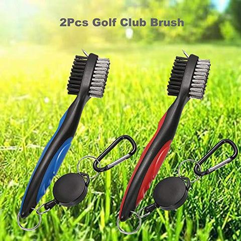 Image of Borogo Golf Club Brush Groove Cleaner, 2-Pack Golf Club Brush and Club Groove Cleaner 2 Ft Retractable Zip-line and Aluminum Carabiner Cleaning Tools
