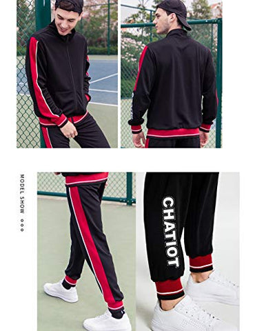 Image of Men Tracksuit Set Full-Zip Sweatshirt Jogger Sweatpants Warm Sports Suit Gym Training Wear, Tz55-black, XX-Large