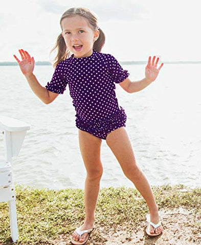 Image of RuffleButts Girls Rash Guard 2-Piece Swimsuit Set - Purple Polka Dot Bikini with UPF 50+ Sun Protection - 7