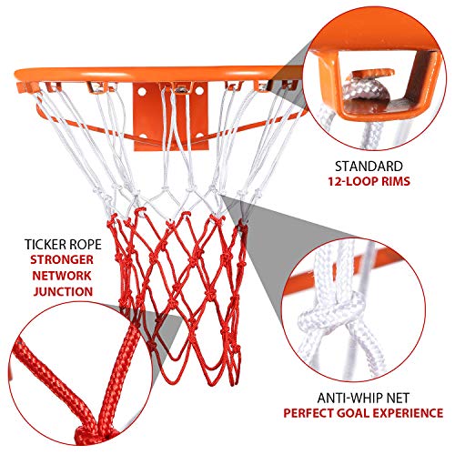 Syhood Basketball Net Hoop Net for All Weather, Fits Standard Indoor or Outdoor Basketball Hoop, 12 Loop (5 Knots, White Red)