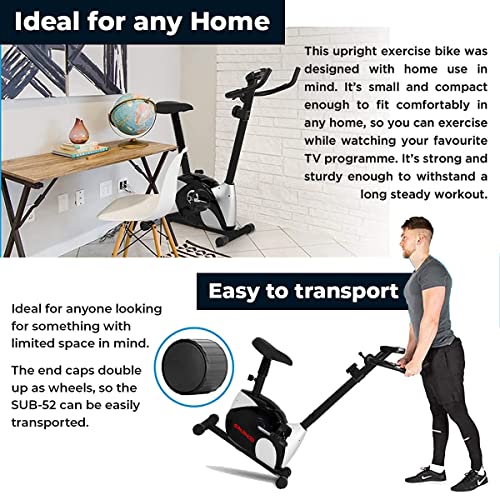 SPARNOD FITNESS SUB-52 Upright Exercise Bike for home gym - LCD Display, Height Adjustable Seat, Compact design 4Kg Flywheel and Heart Rate Sensors Perfect Cardio Exercise Cycle Machine (Black/White)