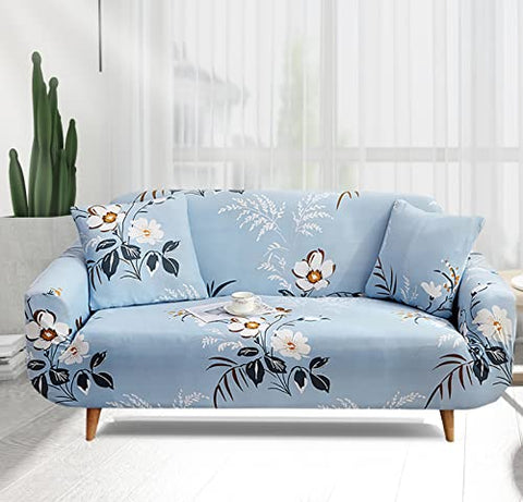 Image of House of Quirk Universal Single Seater Sofa Cover Big Elasticity Cover for Couch Flexible Stretch Sofa Slipcover Floral Prints (Single Seater, Sky Blue Big White), Polyester & Spandex, Floral