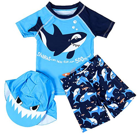 Image of Baby Toddler Boys Two Pieces Swimsuit Set Shark Bathing Suit Rash Guards Swimwear with Hat UPF 50+ (3D Blue Shark, 6Years)