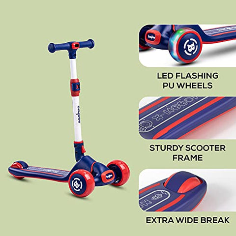 Image of Baybee Enzo Skate Scooter for Kids, 3 Wheel Kids Scooter, Smart Kick Scooter with Fold-able & Height Adjustable Handle, Runner Scooter with Wide LED PU Wheels & Handle for Kids
