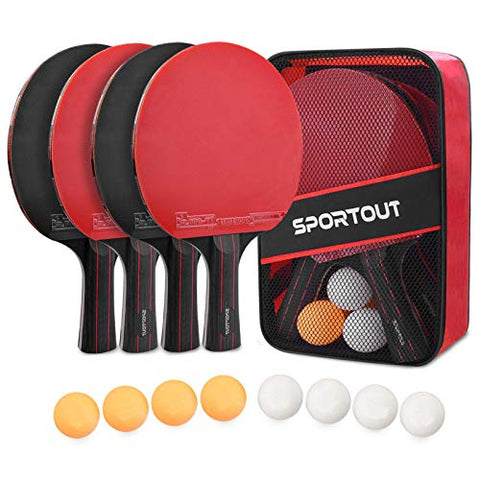 Image of Sportout Ping Pong Paddle Set, Portable 4 Player Set, Pingpong Racket Set with 4 Paddles, 8 Balls and Carry Bag for Children/Adult Indoor Outdoor Games, Thanksgiving Day for Kids