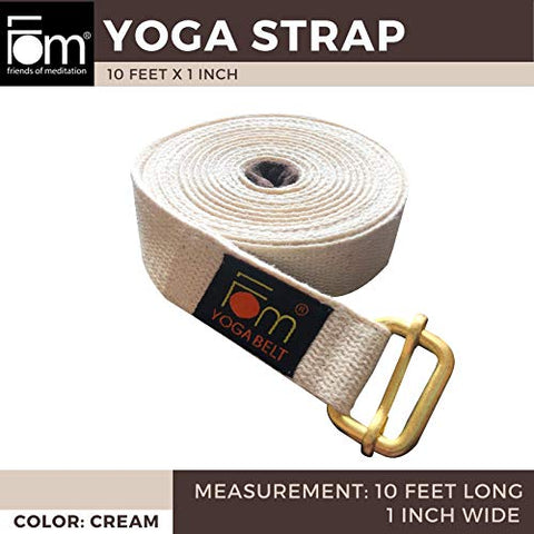 Image of FOM (Friends of Meditation) High Quality Thick and Reinforced Cotton Yoga Belt with An Adjustable Brass Buckle for Daily Stretching, Yoga, Pilates, Physical Therapy, Fitness (White, 10ft x 1”).