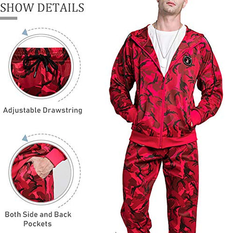 Image of Men Gym Contrast Jogging Full Tracksuit Hoodie Camouflage Joggers Set, Camo Red-M