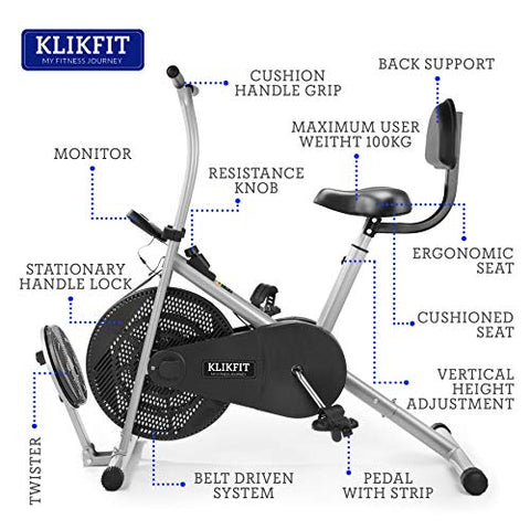 Image of KLIKFIT KF04F Indoor Stationary Air Bike Exercise Cycle with Back Support & Twister Plate with Installation Support for Home Gym Cardio Full Body Weight Loss Workout, Silver, Black