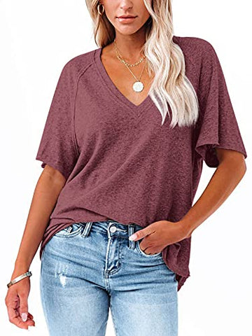 Image of Women's V Neck Off The Shouder Short Sleeve T Shirts Summer Loose Casual Loose Oversize Tops Burgundy Small