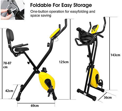 Dolphy Folding Exercise X Bike, Fitness Upright ,Aerobic Trainer X-Bike with 8-Level Adjustable Resistance, Arm and Backrest - Yellow
