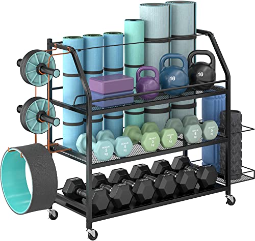 Staransun Home Gym Storage Rack - Weight Rack for Dumbbells - Yoga Mat Storage Rack with Two Extra Side Storage Space - Garage Storage with Caster Wheels - Workout Equipment Organizer - Easy to Assemble