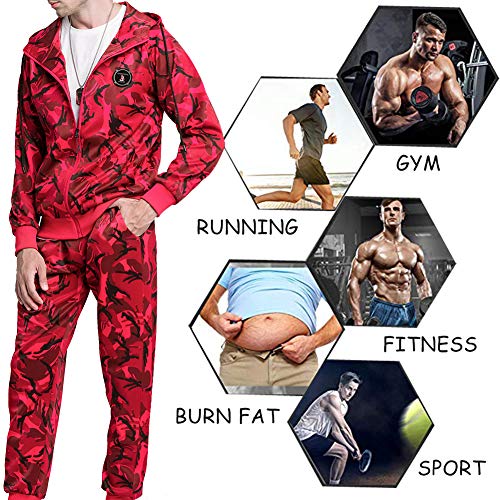 Men Gym Contrast Jogging Full Tracksuit Hoodie Camouflage Joggers Set, Camo Red-M