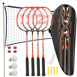 Fostoy Badminton Racket Set, 4 Pack Badminton Racquets with 3 Shuttlecocks & Net, Badminton Shuttlecock Complete Sets for Professional & Beginner Players