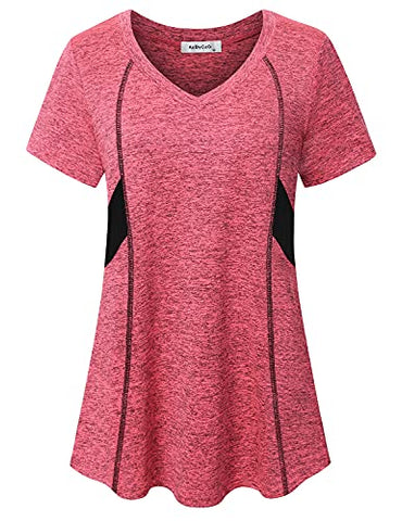 Image of Fashion Tops for Women Dressy,Sports Workout Hiking Short Sleeve V Neck Active Shirts Soft Comfortable Tunics Training Weight Lifting Fitness Clothes Daily Leisure Wear Pink Large
