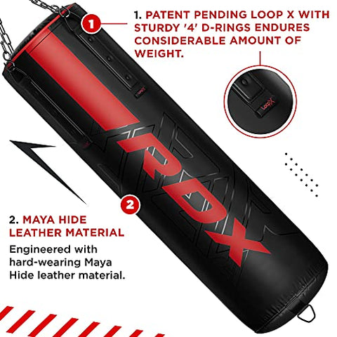 Image of RDX Punching Bag Heavy Boxing Bag, 8pc Filled 4ft 5ft Anti Swing Kickboxing Adult Set, Maya Hide Leather, Punch Gloves Ceiling Hook Hanging Chains, MMA Muay Thai Workout Home Gym Fitness Training