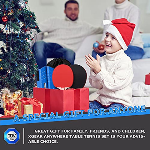 Image of XGEAR Anywhere Ping Pong Equipment to-Go Includes Retractable Net Post, 2 Ping Pong Paddles, 3 pcs Balls, Attach to Any Table Surface, for All Ages£¬ Lake Blue