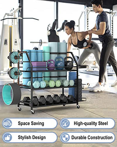 Image of Staransun Home Gym Storage Rack - Weight Rack for Dumbbells - Yoga Mat Storage Rack with Two Extra Side Storage Space - Garage Storage with Caster Wheels - Workout Equipment Organizer - Easy to Assemble