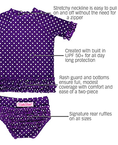 Image of RuffleButts Girls Rash Guard 2-Piece Swimsuit Set - Purple Polka Dot Bikini with UPF 50+ Sun Protection - 7