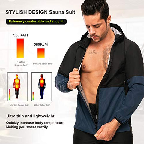 Image of Junlan Sauna Suit for Mens Sweat Sauna Jacket for Men Sweat Tops Gym Workout Zipper Hoodie Sauna Suits (Blue Jacket Only, Large)
